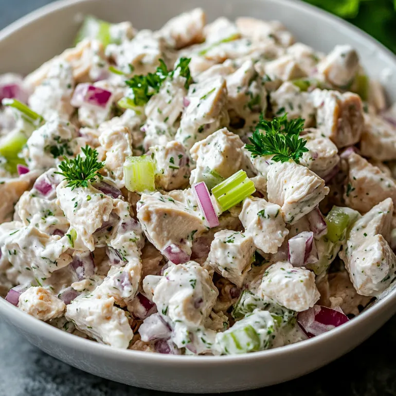 A bowl filled with chicken salad plus onions and a sprinkle of parsley.