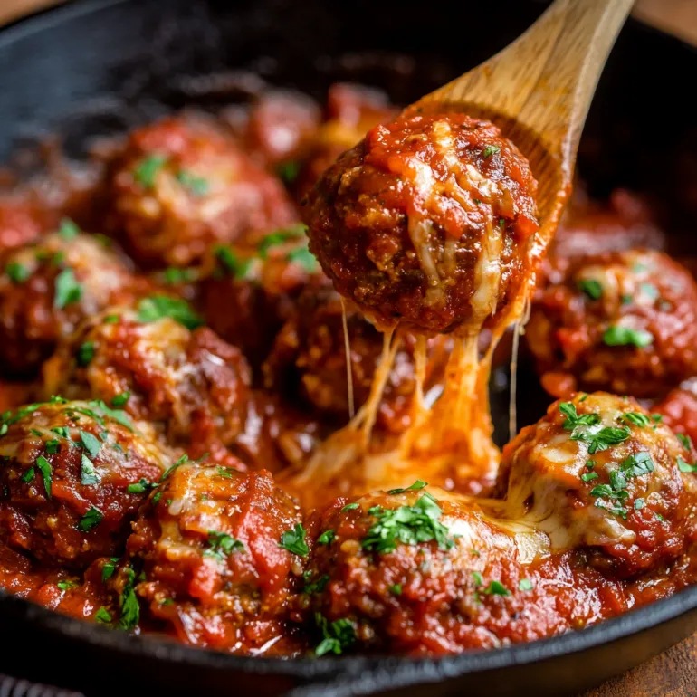 Hearty bowl of saucy meatballs sprinkled with cheese.