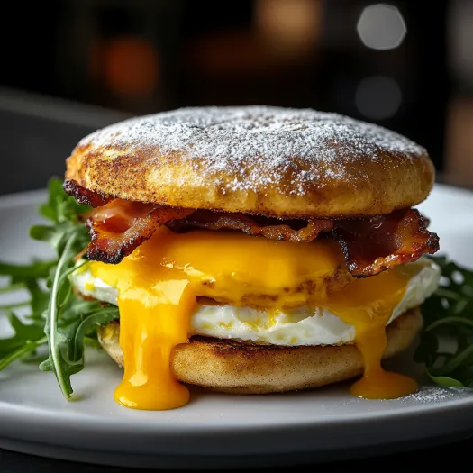 A breakfast sandwich with bacon and egg.