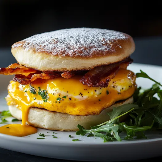 A breakfast sandwich with bacon and egg.