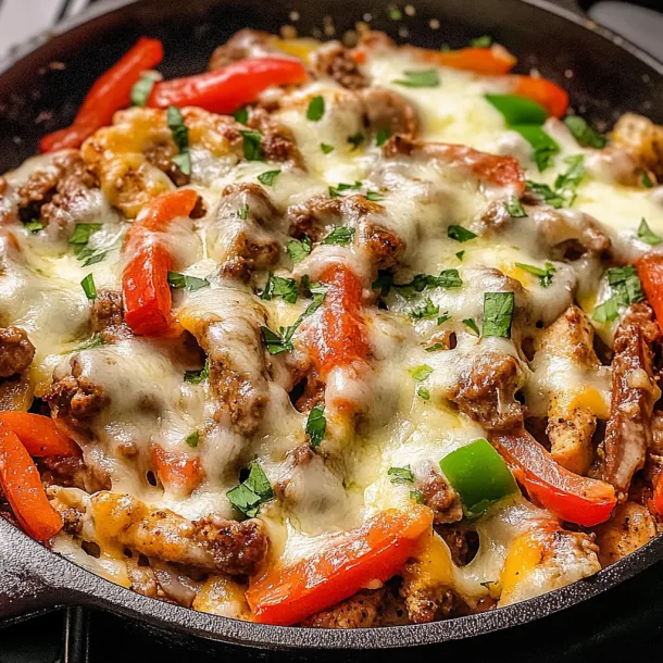 A pan filled with cheesy chicken and peppers.