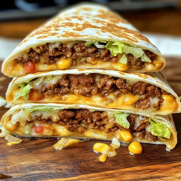 A tortilla wrap filled with meat and lettuce on a wood surface.