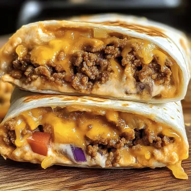 Cheesy beef burrito sliced open.
