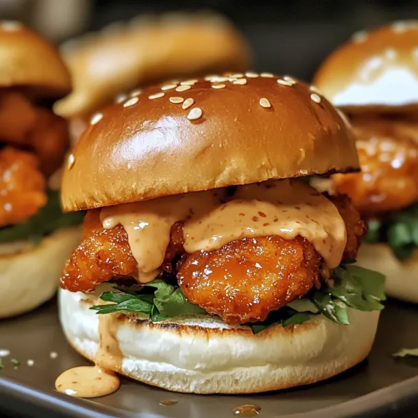 A close shot of a slider overflowing with sauce and golden chicken.