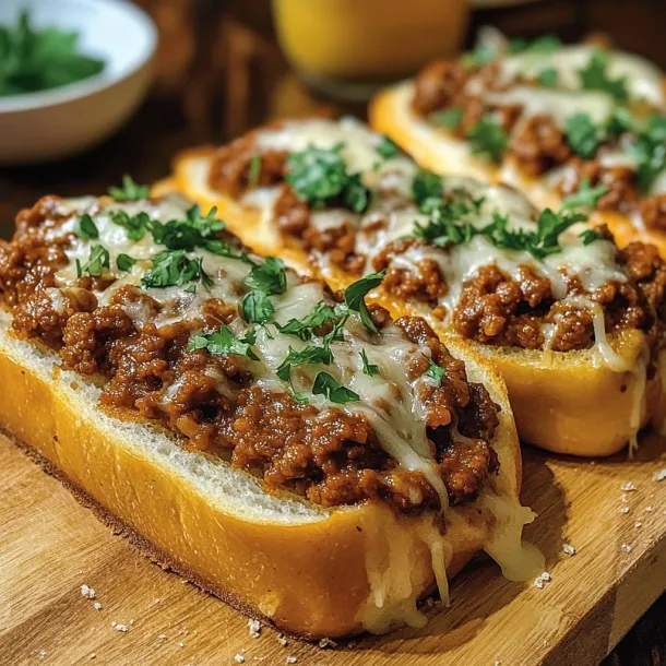 Sandwiches topped with beef and melty cheese on a plate.