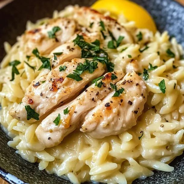 Pasta with chunks of chicken and herbs on a plate.
