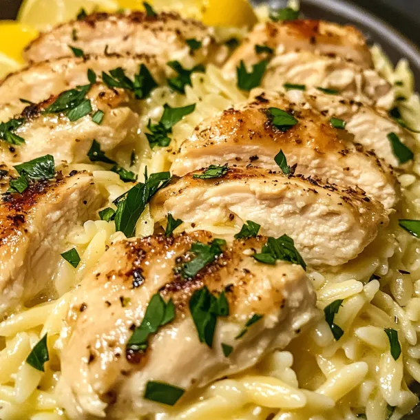 A plate showing juicy chicken topped with lemon slices and greens.