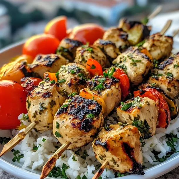 A plate holding chicken kabobs with rice.