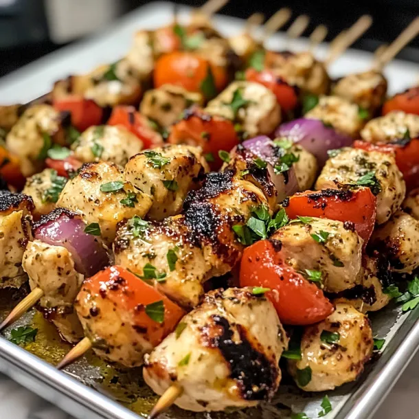 Grilled chicken skewers with onions and tomatoes on a platter.