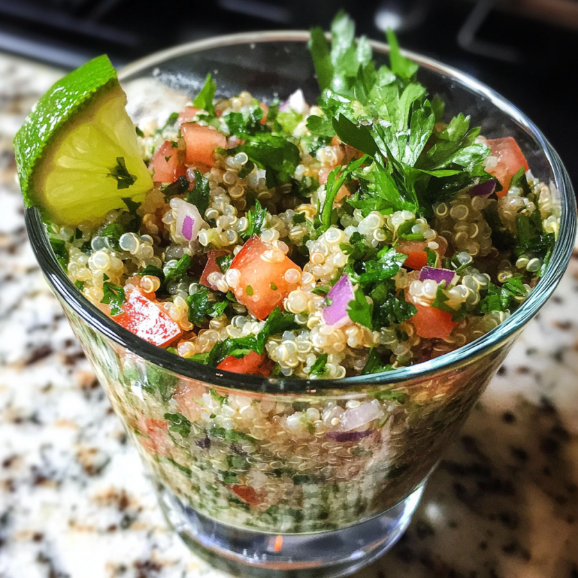 Quinoa tabbouleh loaded with greens and veggies in a bowl.
