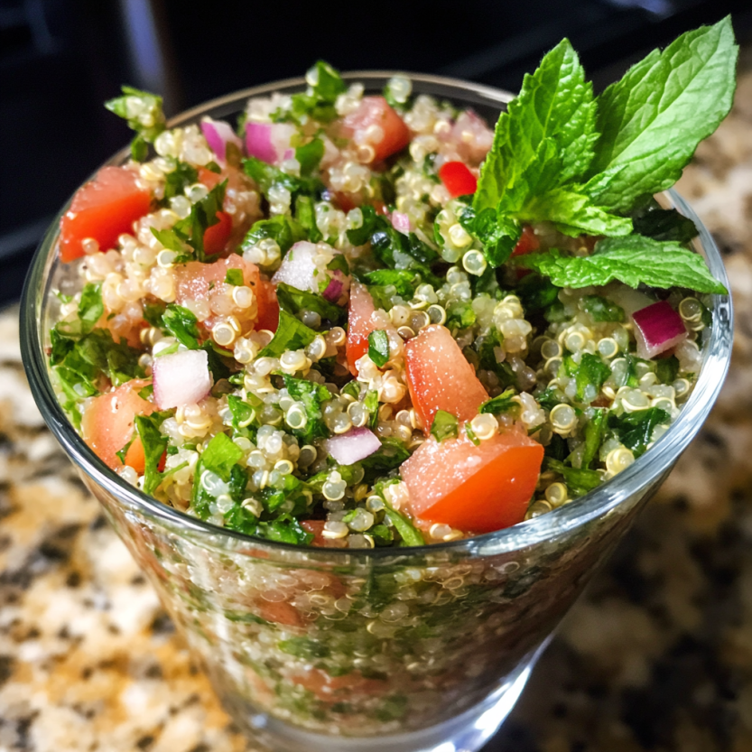 A bowl of quinoa tabbouleh with tomatoes, herbs, and quinoa seeds.