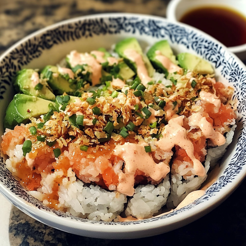 A crunch roll sushi bowl with veggies and fish.