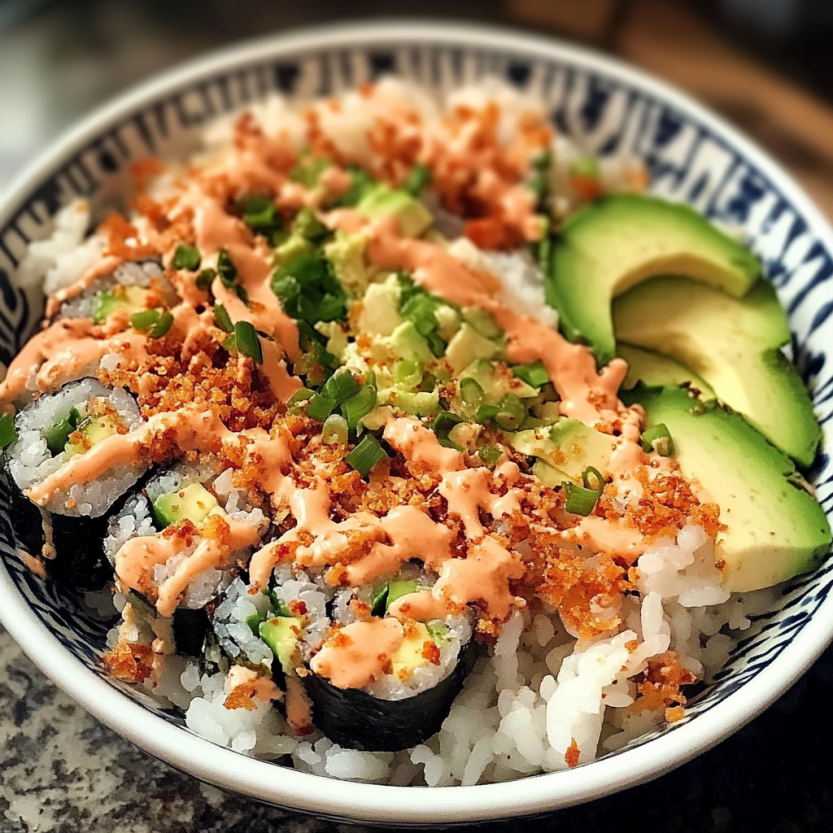 A sushi bowl topped with veggies and cheese.