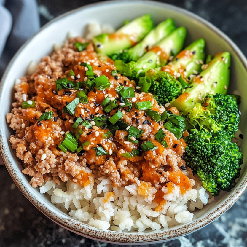A bowl loaded with spicy chicken, broccoli, rice, and fresh seasonings.