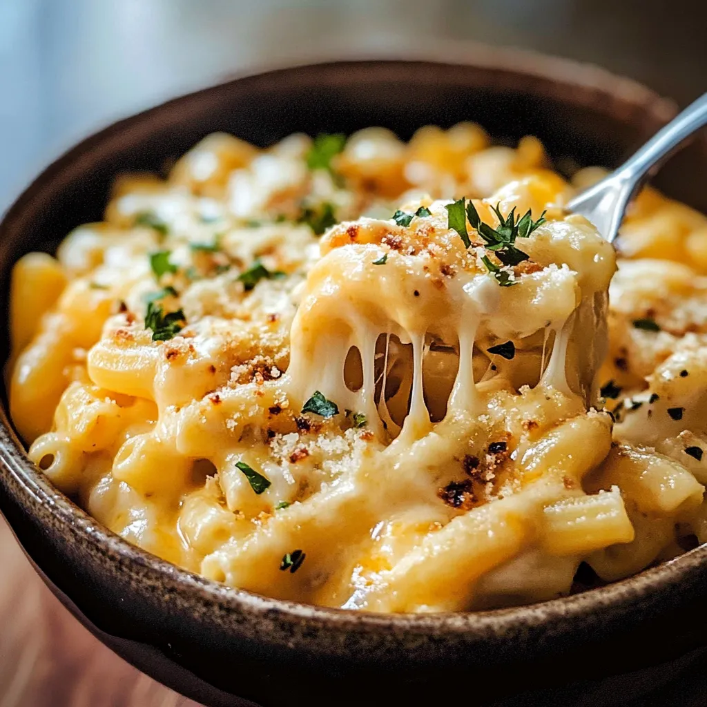 A bowl full of cheesy macaroni, spoon tucked in.