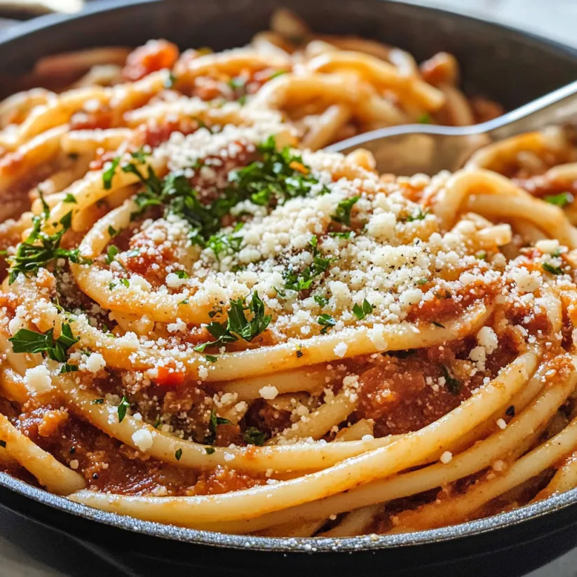 Bucatini pasta in a bowl finished with plenty of cheese.