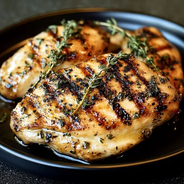 Chicken topped with herbs sitting on a plate.