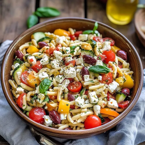 A bowl loaded with pasta, bright veggies, and crumbled cheese.