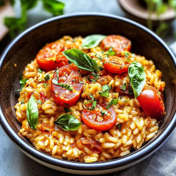A bowl full of rice, tomatoes, and fresh basil leaves.
