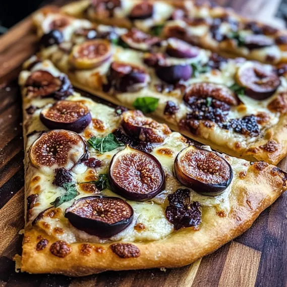Golden pizza topped with figs and creamy cheese on a wood surface.