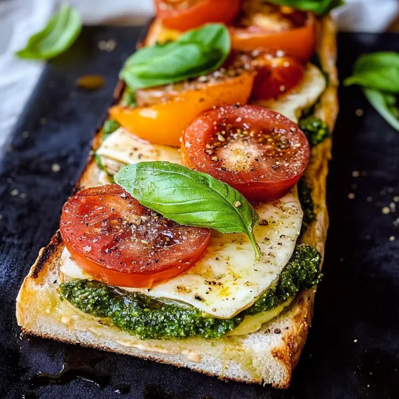 Pizza slice topped with tomatoes and basil leaves.