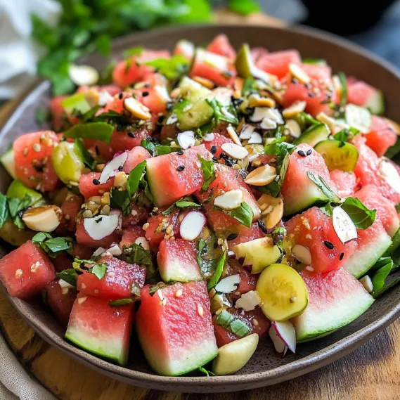 Chopped watermelon, cucumber, and veggies piled in a bowl.