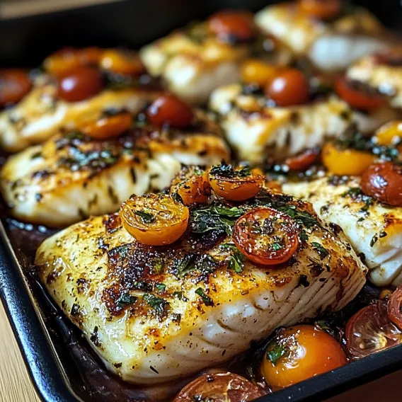 Fish in a pan with tomatoes and herbs scattered on top.