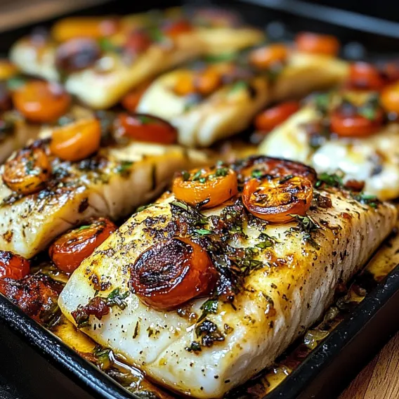 A pan of fish with tomatoes and herbs.