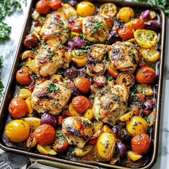 Chicken and veggies roasted together in a pan.