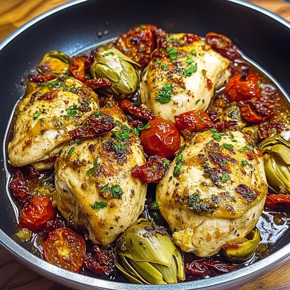 Chicken loaded with herbs and tomatoes in a bowl.