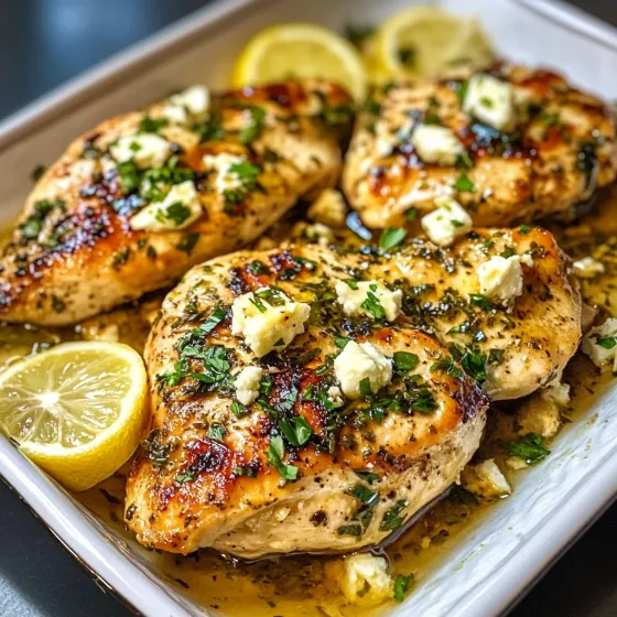 Chicken plate with lemon slices and crumbled feta.
