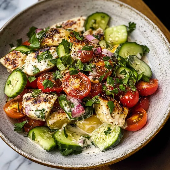 A bowl piled with tomatoes, cucumbers, and meat.