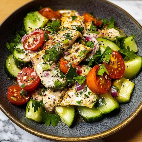 A bowl filled with juicy tomatoes, crisp cucumbers, and some grilled meat.