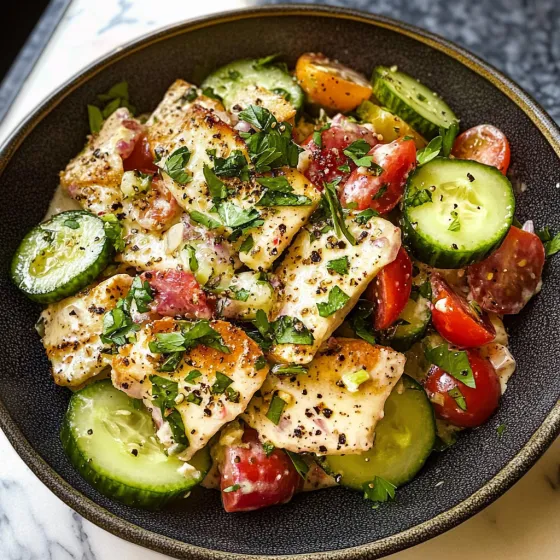 A bowl filled with chicken, tomatoes, cucumbers, and herbs.