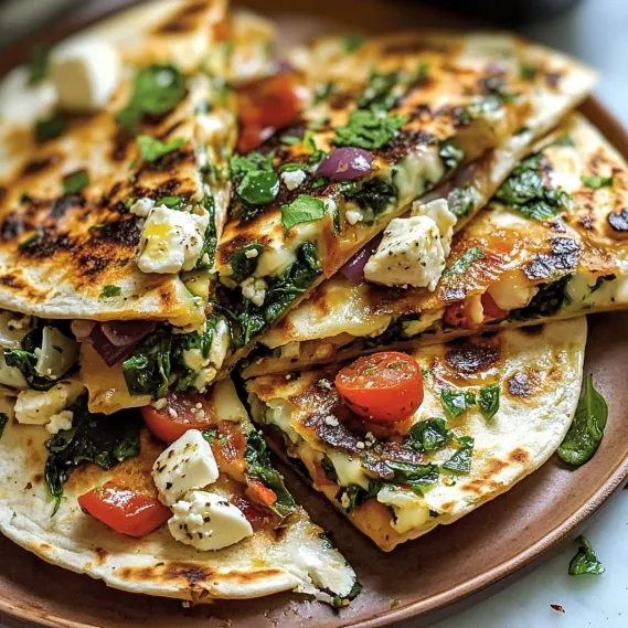 Food plated with a triangle piece topped with veggies and cheese.