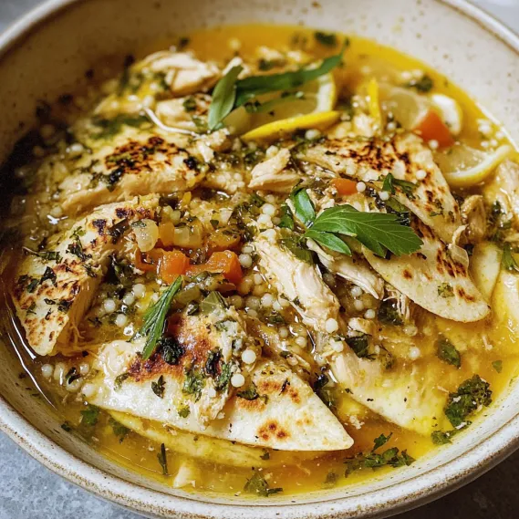 A comforting bowl loaded with chicken, couscous, and veggies.