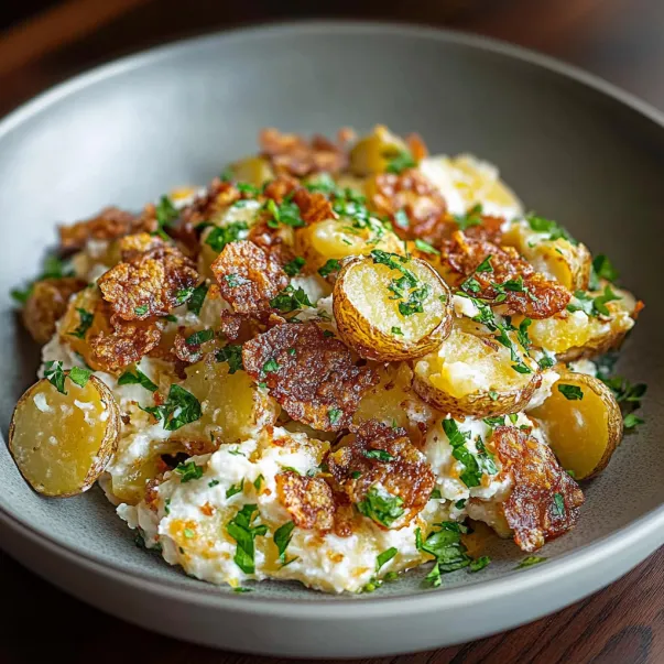 Bowl piled with crispy potatoes, greens, and veggies.