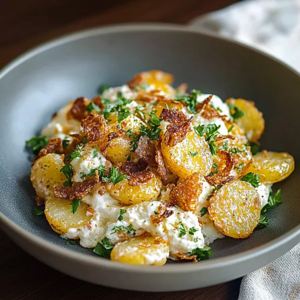A bowl filled with crispy potatoes and cheese crumbles.