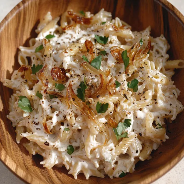 Pasta in a bowl with caramelized onions and melted cheese.