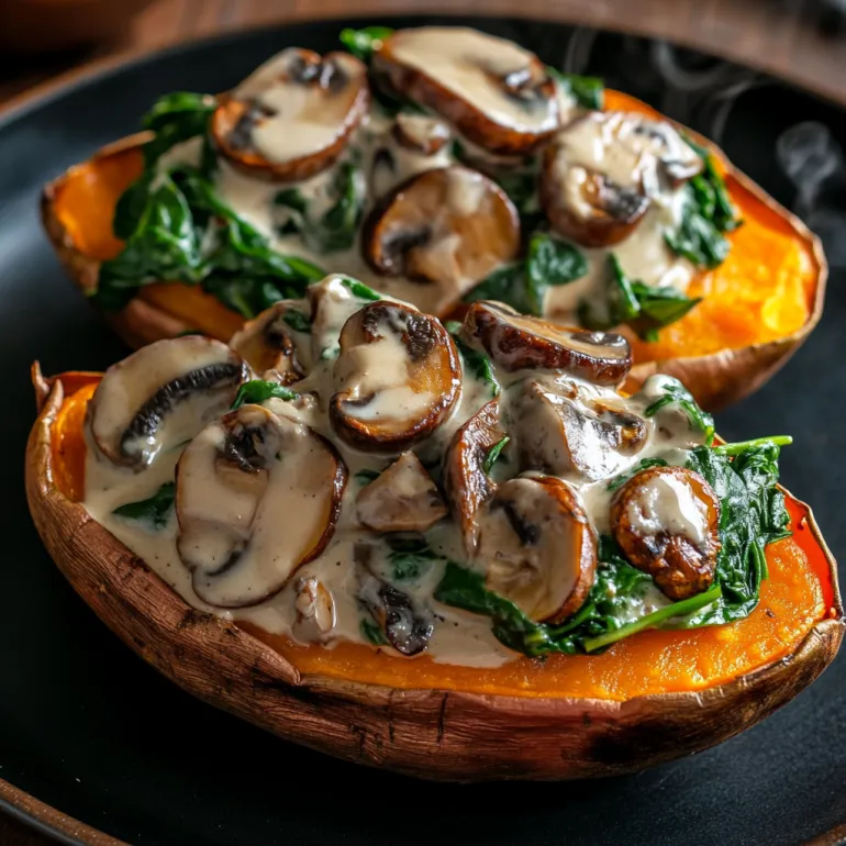Two sweet potatoes packed with spinach and mushrooms inside.