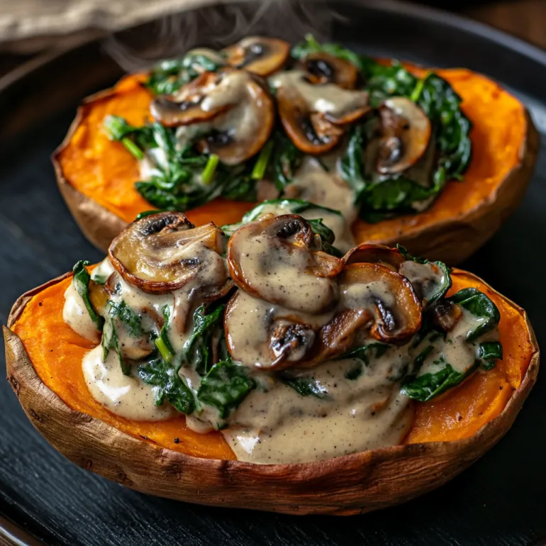 Two sweet potatoes stuffed with mushrooms and spinach.