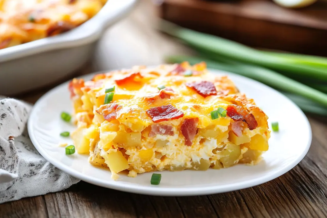 A piece of potato, egg, and bacon casserole sitting on a white plate.