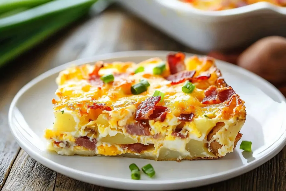 A square cut out of a bacon, potato, and egg bake sits on a plate.
