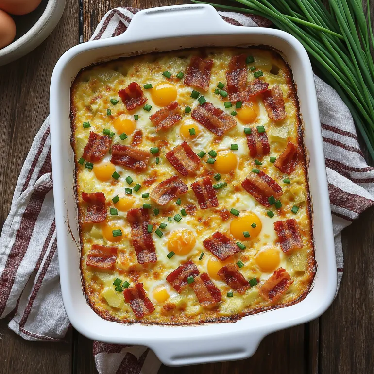 A white baking dish filled with an egg, potato, and bacon casserole.