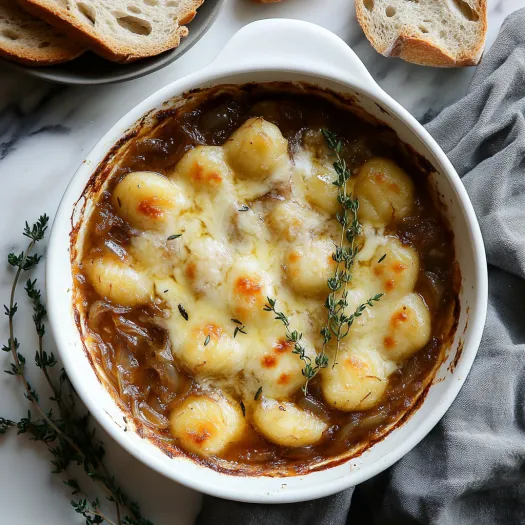 A bowl of baked French onion gnocchi.