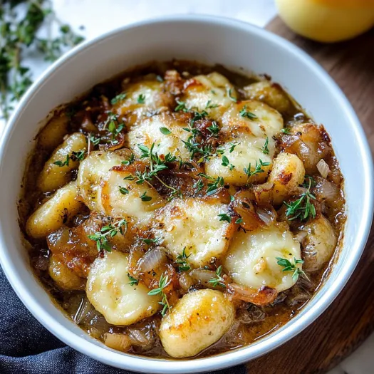 A bowl of baked French onion gnocchi.