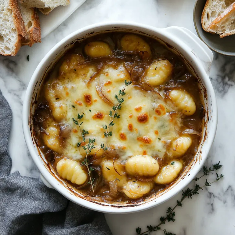 A steaming bowl filled with golden baked gnocchi and caramelized onions.