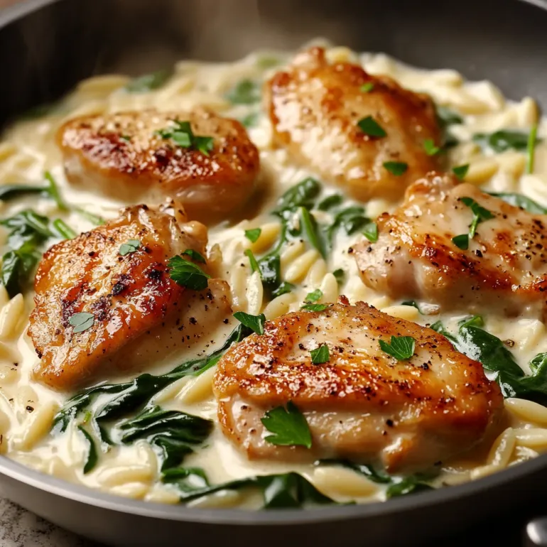 A pan loaded with creamy orzo and juicy chicken breasts.