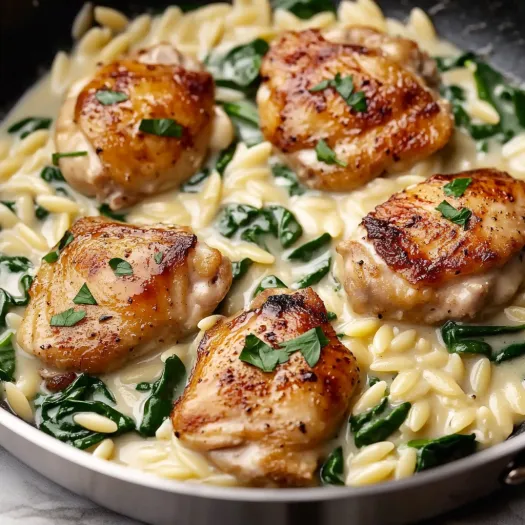Skillet packed with chicken, creamy sauce, and pasta.