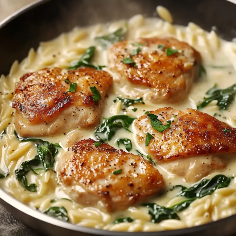 Chicken served with orzo pasta and spinach in a pan.